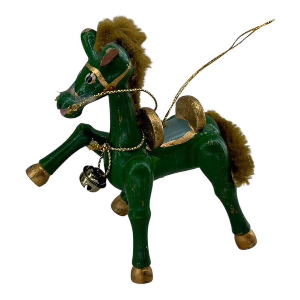 Green Wooden Horse Ornament Russ Berrie Furry Pipe Cleaner Mane/Tail Taiwan VTG‎